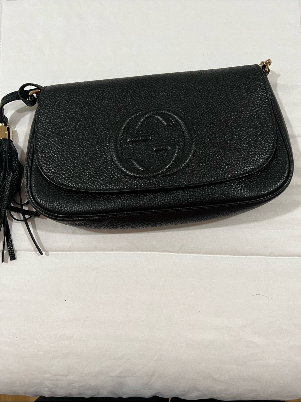 Gucci Black Pebbled Leather Shoulder Bag with Tassel